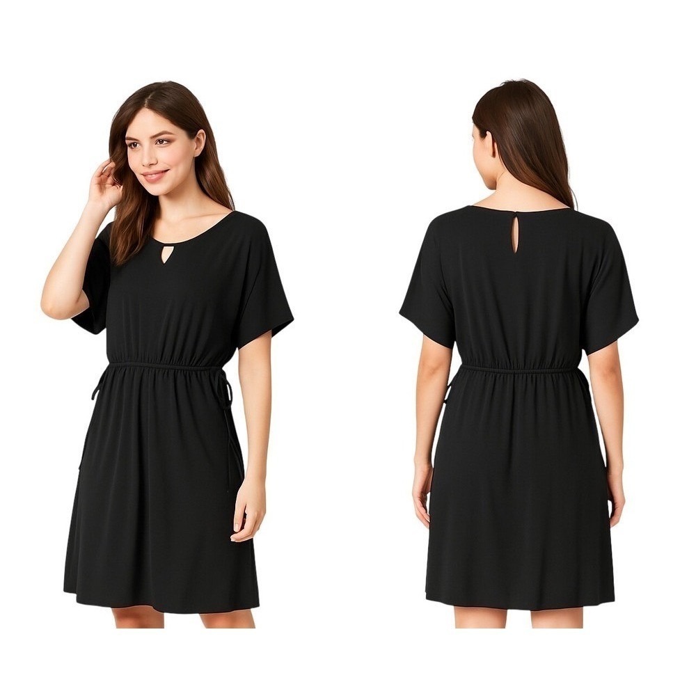 H By Halston Black Drawstring Waist Dress Medium V-Neck Keyhole Back Hardware